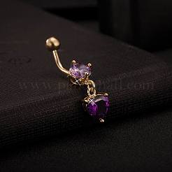 Real 18K Gold Plated Brass Rhinestone Heart Navel Ring Belly Rings&nbsp;AJEW-EE0001-56C
