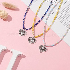 Tibetan Style Alloy Heart with Butterfly Pendant Necklace with Seed Beaded Chains&nbsp;NJEW-JN04341