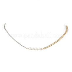 Natural Cultured Freshwater Pearl Rice Beaded Pendant 304 Stainless Steel Cable Chain Double Layer Necklaces&nbsp;NJEW-JN05681