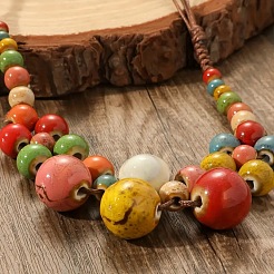Bohemian Porcelain Round Beaded Imitation Leather Cord Bib Necklaces for Women&nbsp;FS-WG95F0C-01
