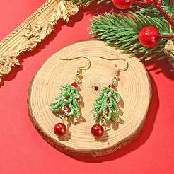 MIYUKI Delica Beaded Christmas Tree with Glass Pearl Dangle Earrings&nbsp;EJEW-MZ00090