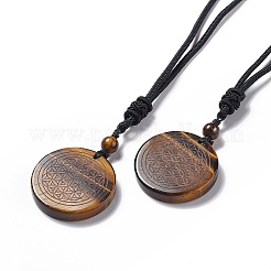 Natural Gemstone Flat Round with Flower of Life Pendant Necklace with Nylon Cord for Women&nbsp;NJEW-P274-02