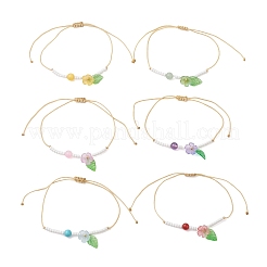 6Pcs Floral & Leaf Natural Amethyst & Carnelian & Dyed Yellow Jade & Green Aventurine & Synthetic Green Turquoise & Glass Seed Beaded Bracelets&nbsp;BJEW-MZ00312