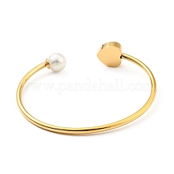 Shell Pearl & Heart with Evil Eye Open Cuff Bangle&nbsp;BJEW-G647-03G