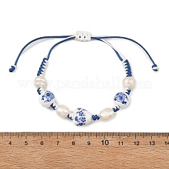 Adjustable Handmade Chinoiserie Floral Printed Porcelain Heart Beads & Natural Pearl Braided Bead Bracelets for Women&nbsp;BJEW-JB14209