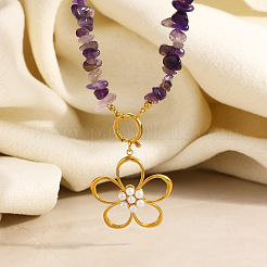 Summer Faux Pearl 304 Stainless Steel Flower Pendant Natural Amethyst Chip Beaded Necklaces for Women&nbsp;WGDF0A1-01