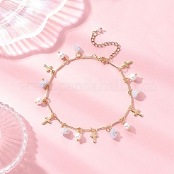 3Pcs 3 Styles Natural Aquamarine & White Moonstone & Green Aventurine Chip & Round Shell Pearl Cross Tassel Anklets&nbsp;AJEW-AN00716