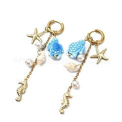 Seahouse 316 Surgical Stainless Steel & Starfish 304 Stainless Steel & Tortoise Porcelain Dangle Hoop Earrings for Women&nbsp;EJEW-JE07129