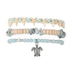 3Pcs 3 Styles Dyed Natural Howlite & Petrified Wood & Larimar & Synthetic Turquoise Stretch Bead Bracelet Sets&nbsp;BJEW-JB14430