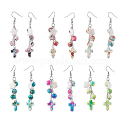 304 Stainless Steel Synthetic Turquoise Cross with Moon & Star Dangle Earrings&nbsp;EJEW-JE06516-01