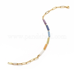 Natural Mixed Gemstone Column Beaded Anklet with Brass Paperclip Chains for Women&nbsp;AJEW-AN00494