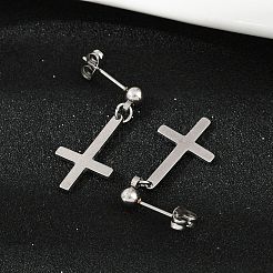 Christian Upside Down Cross 201 Stainless Steel Dangle Stud Earrings&nbsp;EJEW-P314-01A-P