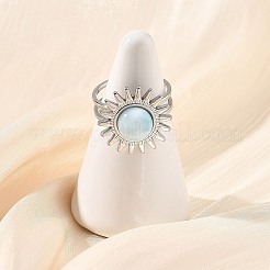 Natural Larimar Cabochons & Stainless Steel Cuff Open Rings&nbsp;RJEW-JR01090-02