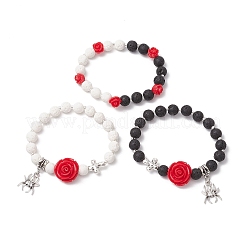 3Pcs Halloween Theme Natural & Synthetic Lava Rock Round Beads Stretch Bracelets&nbsp;BJEW-MZ00185