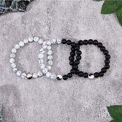 3Pcs 3 Styles Natural Howlite & Frosted Black Stone Beaded Stretch Bracelets Set&nbsp;BJEW-FI0001-21