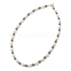 8MM White Shell Pearl with 6MM Synthetic Non-Magnetic Hematite Round Beaded OT Necklaces&nbsp;NJEW-JN05698