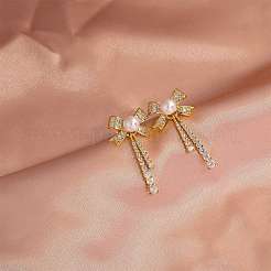 Clear Cubic Zirconia Bowknot Dangle Stud Earrings with Imitation Pearl Beaded&nbsp;JE1094A