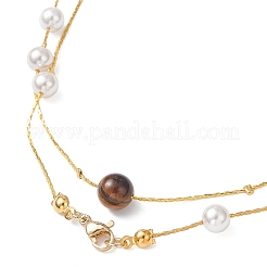 Brass Boston Link Chain Long Necklaces with Round Natural Tiger Eye and Shell Pearl&nbsp;NJEW-JN05722-02