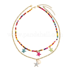 Alloy Enamel & Dyed Synthetic Turquoise Starfish & Natural Cowrie Shell Pendant 304 Stainless Steel Double Layer Necklaces&nbsp;NJEW-JN05465