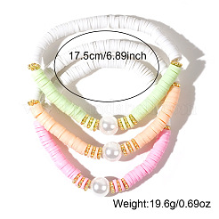 3Pcs 3 Colors Polymer Clay Beaded Stretch Bracelet Sets with Round Imitation Pearl for Women&nbsp;KQ6129