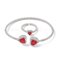 Heart Brass Micro Pave Cubic Zirconia Cuff Bangles & Rings Sets for Women&nbsp;SJEW-R002-05P-05