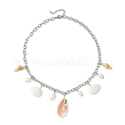 Natural Cultured Freshwater Pearl & Spiral Shell Bib Pendants&nbsp;X1-NJEW-TA00181