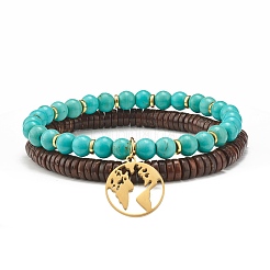 Natural Coconut & Synthetic Turquoise(Dyed) Beads Stretch Bracelets Set&nbsp;BJEW-JB07168