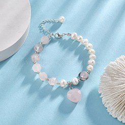 Natural Rose Quartz Heart Charm Bracelet with Natural Pearl Beaded Chains for Women&nbsp;BJEW-TA00255-02