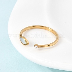 304 Stainless Steel & Natural Shell & Imitation Pearl Cuff Rings for Women&nbsp;RJEW-G372-01G-06