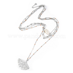 304 Stainless Steel & Natural Pearl & Enamel Beads Leaf Pendant 3 Layer Necklaces for Women&nbsp;NJEW-A045-18P