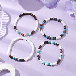 4Pcs 4 Styles Round Natural Red Jasper & Synthetic Turquoise & White Shell & Coconut Beaded Stretch Bracelet Sets&nbsp;BJEW-JB10812