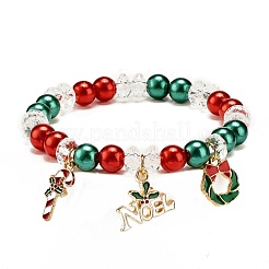Acrylic Pearl Beaded Stretch Bracelet with Alloy Enamel Charms&nbsp;BJEW-JB08292