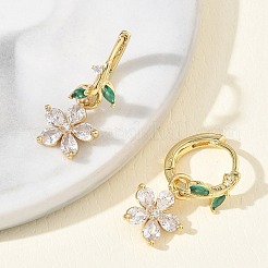 Flower Brass Micro Pave Cubic Zirconia Hoop Dangle Earrings for Women&nbsp;EJEW-A167-13G-02