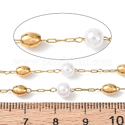 304 Stainless Steel Barrel Bead & ABS Plastic Pearl Round Bead Cable Chains&nbsp;CHS-G048-02G