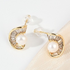 C-Shaped Brass Clear Cubic Zirconia Stud Earrings&nbsp;KK-D301-14G