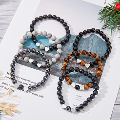 3 Sets 3 Style Natural & Synthetic Mixed Gemstone & Glass Round Beaded Stretch Bracelet Sets&nbsp;BJEW-FI0001-39