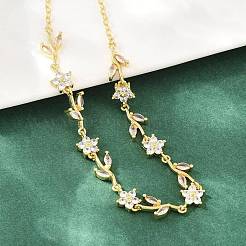 Brass Pave Cubic Zirconia Flower Link Chain Necklaces&nbsp;KK-CBA4547-18G-10