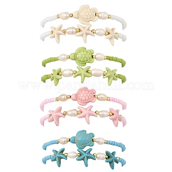 Summer Dyed Synthetic Turquoise & Natural Pearl & Seed Bead Stretch Beaded Anklets&nbsp;BJEW-JB14394