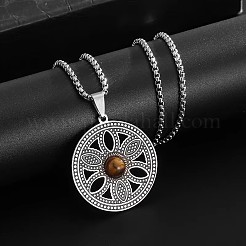 201 Stainless Steel Natural Tiger Eye Flower of Life Pendant Necklaces for Women&nbsp;WG7C937-01