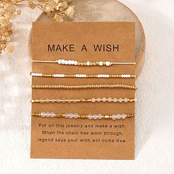 5Pcs Glass & Metal Gold & White Beaded Bracelet Sets&nbsp;AB9103-3