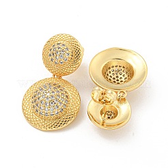 Flat Round Brass Pave Clear Cubic Zirconia Dangle Stud Earrings&nbsp;EJEW-M258-30G