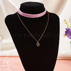 Glass Beaded Flower Pendant Single Face Medium Orchid Velvet Ribbon & Brass Cable Chain Double Layered Choker Necklaces&nbsp;NJEW-TAC0041