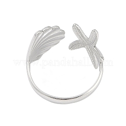 304 Stainless Steel Starfish & Shell Open Cuff Rings for Women&nbsp;RJEW-C095-09P