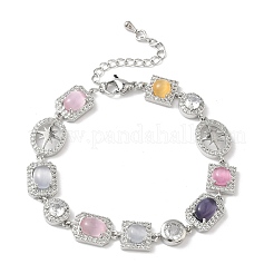 Brass Micro Pave Cubic Zirconia & Cat Eye Rectangle & Square & Oval Link Chain Bracelets for Women&nbsp;BJEW-G764-08P