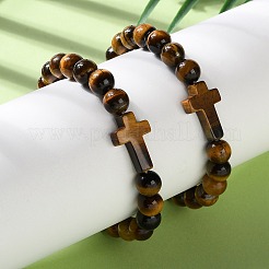 Natural & Synthetic Mixed Gemstone Cross & Round Beaded Stretch Bracelets&nbsp;BJEW-C119-01