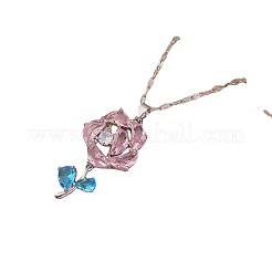 304 Stainless Steel Pave Cubic Zirconia Deep Sky Blue and Pink Rose Flower Pendant Dapped Chain Necklaces for Women&nbsp;WG034EB-01