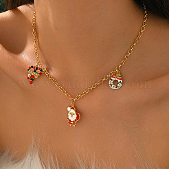 Brass Micro Pave Cubic Zirconia with Enamel Christmas Wreath Santa Claus Candy Cane Pendant Bib Necklaces for Women&nbsp;IP8864