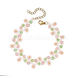 Flower Seed Bead Beaded Bracelet Sets with Cherry Quartz Glass for Women&nbsp;BJEW-MZ00350-02