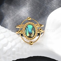 Oval 304 Stainless Steel Paua Shell Finger Rings for Women&nbsp;RJEW-G346-09G-01