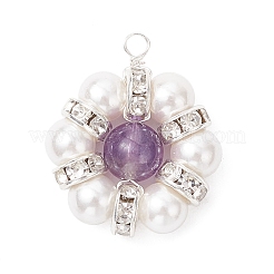 4Pcs 4 Styles Natural Green Aventurine & Tiger Eye & Carnelian & Amethyst & Shell Pearl Round Beaded Flower Pendants&nbsp;PALLOY-TA00300-02